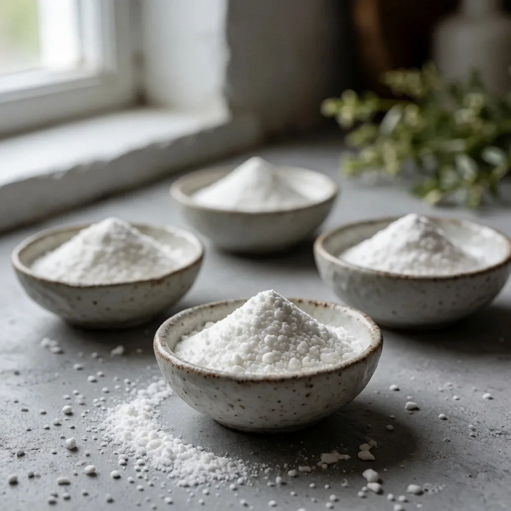 Amino acid powders in ceramic bowls on a concrete workbench