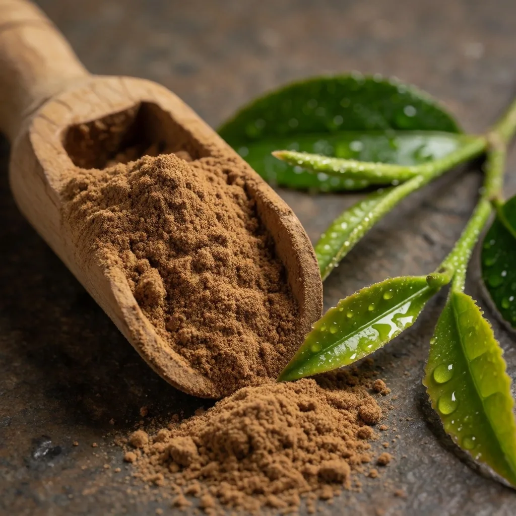 Green tea leaves and guarana powder on dark concrete