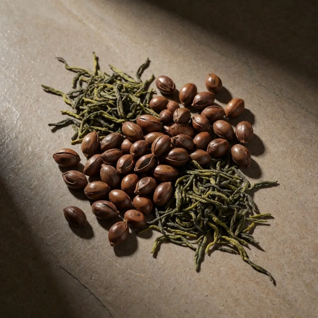Raw ginseng and ginger roots arranged on a pale concrete surface in warm studio light