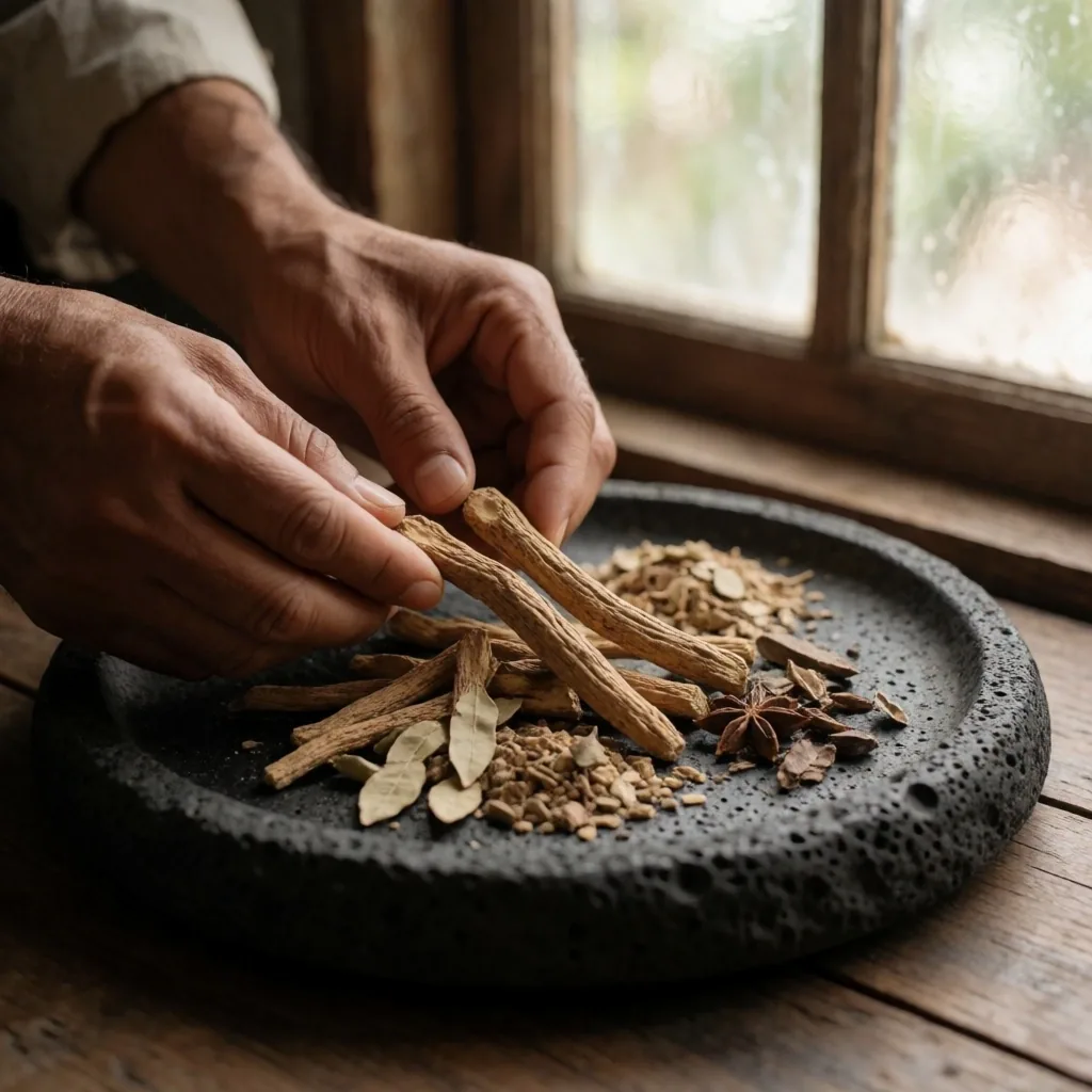 Indonesian botanical workspace with dried roots on a concrete table in warm light