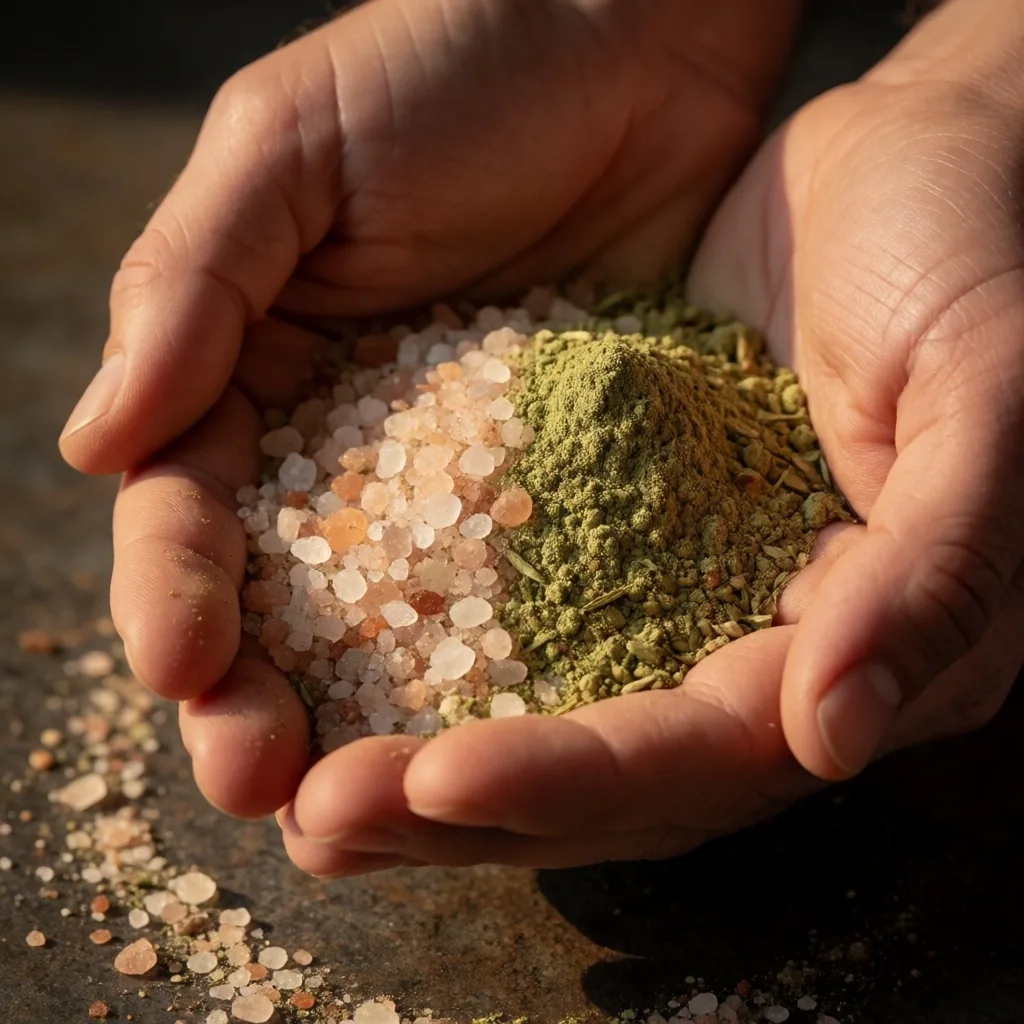 Mineral crystals and dried botanical powder held in hands on a dark surface