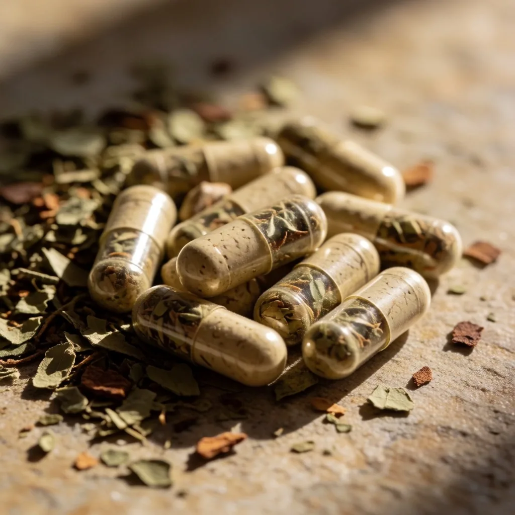 Natural botanical capsules and dried herbs on a concrete surface