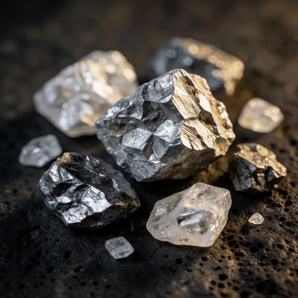 Raw mineral crystals on a dark concrete surface