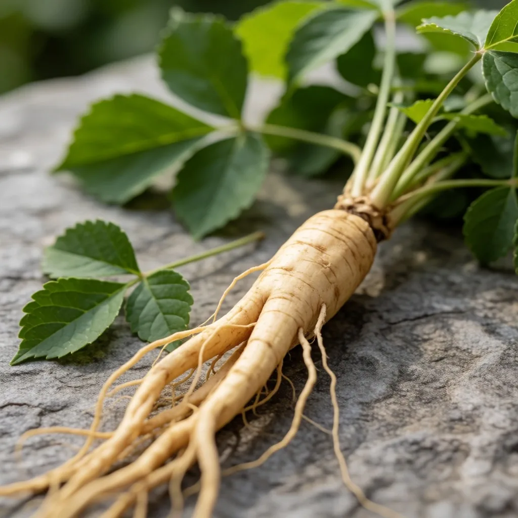 A fresh ginseng root held against a concrete surface