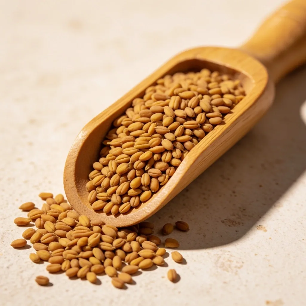 Fenugreek seeds on a wooden scoop