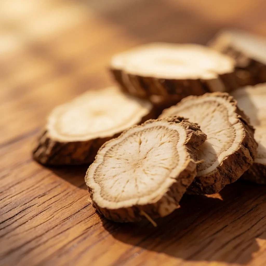 Sliced Tongkat Ali root on wood