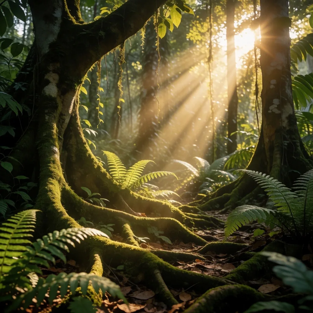 Indonesian forest canopy with sunlight filtering through leaves
