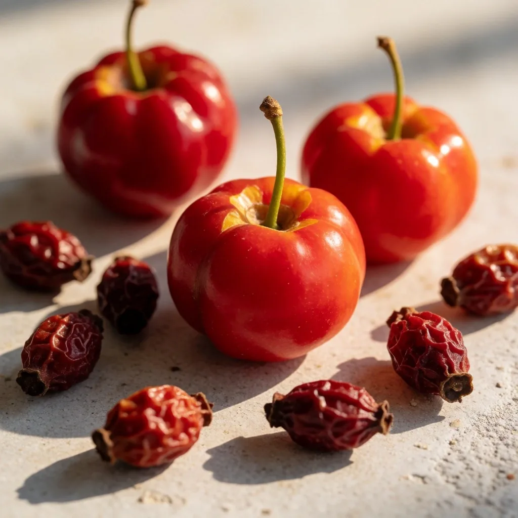 Acerola cherries and rosehips on a pale concrete surface