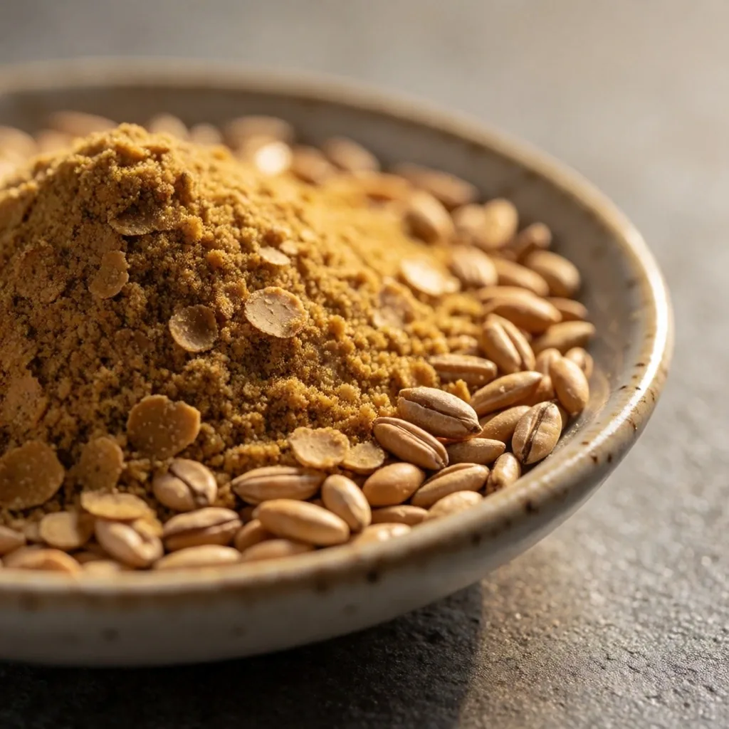 Whole grains and nutritional yeast on a grey concrete surface