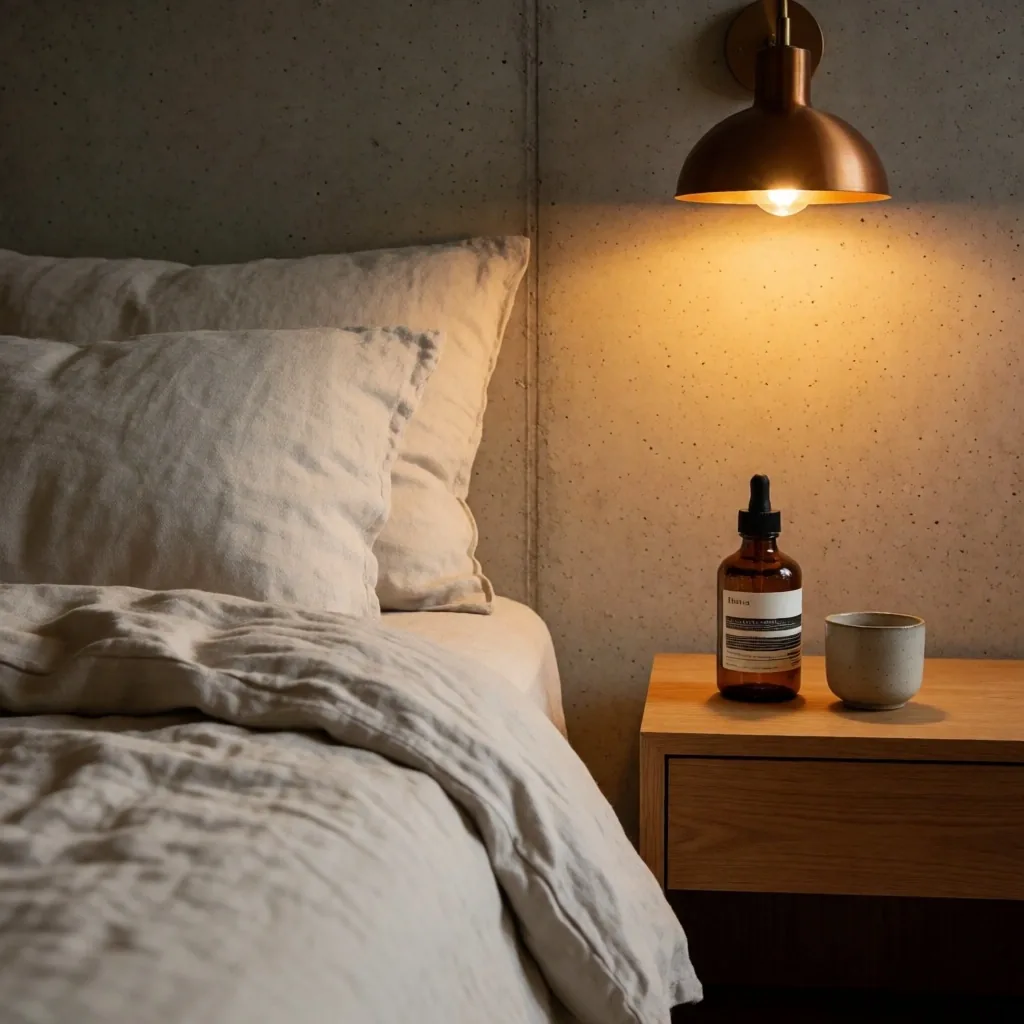A calm bedroom with linen sheets and a bedside lamp