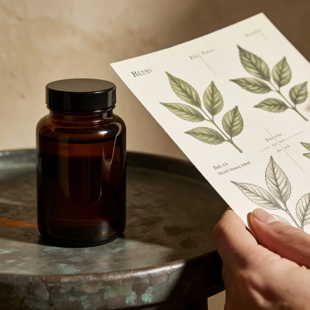 A supplement bottle on a zinc surface with a reference sheet