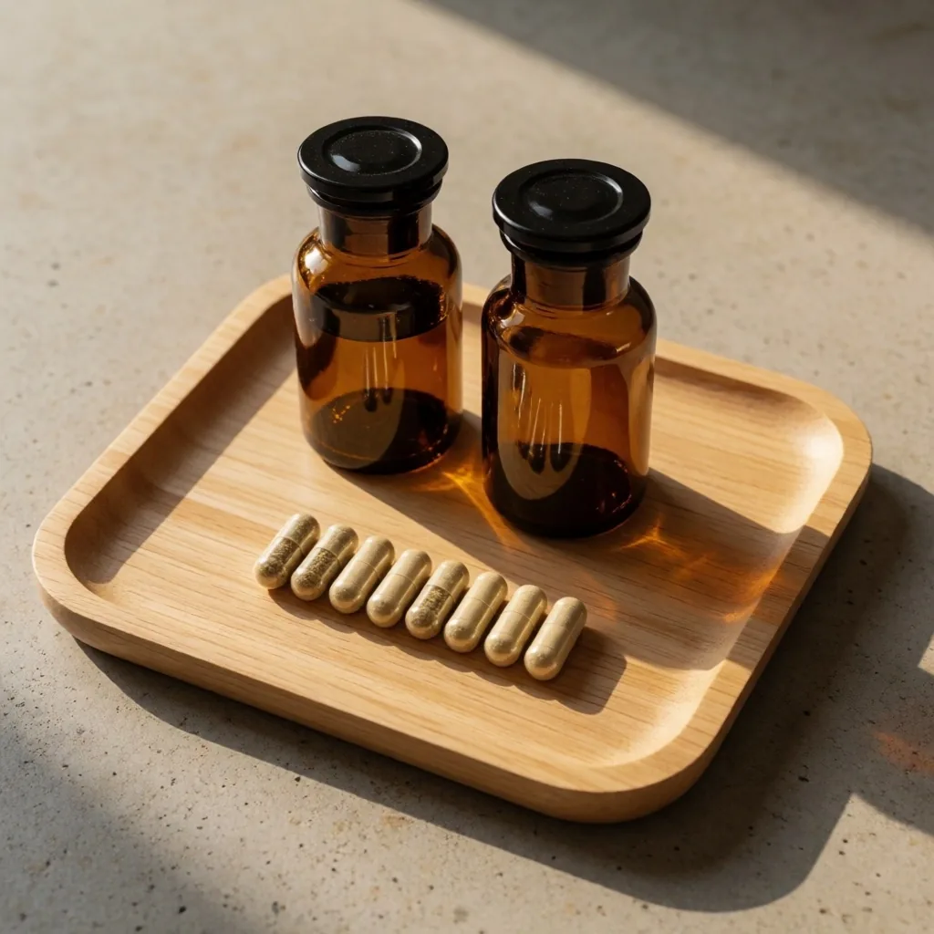 Amber supplement bottles and capsules arranged on a tray