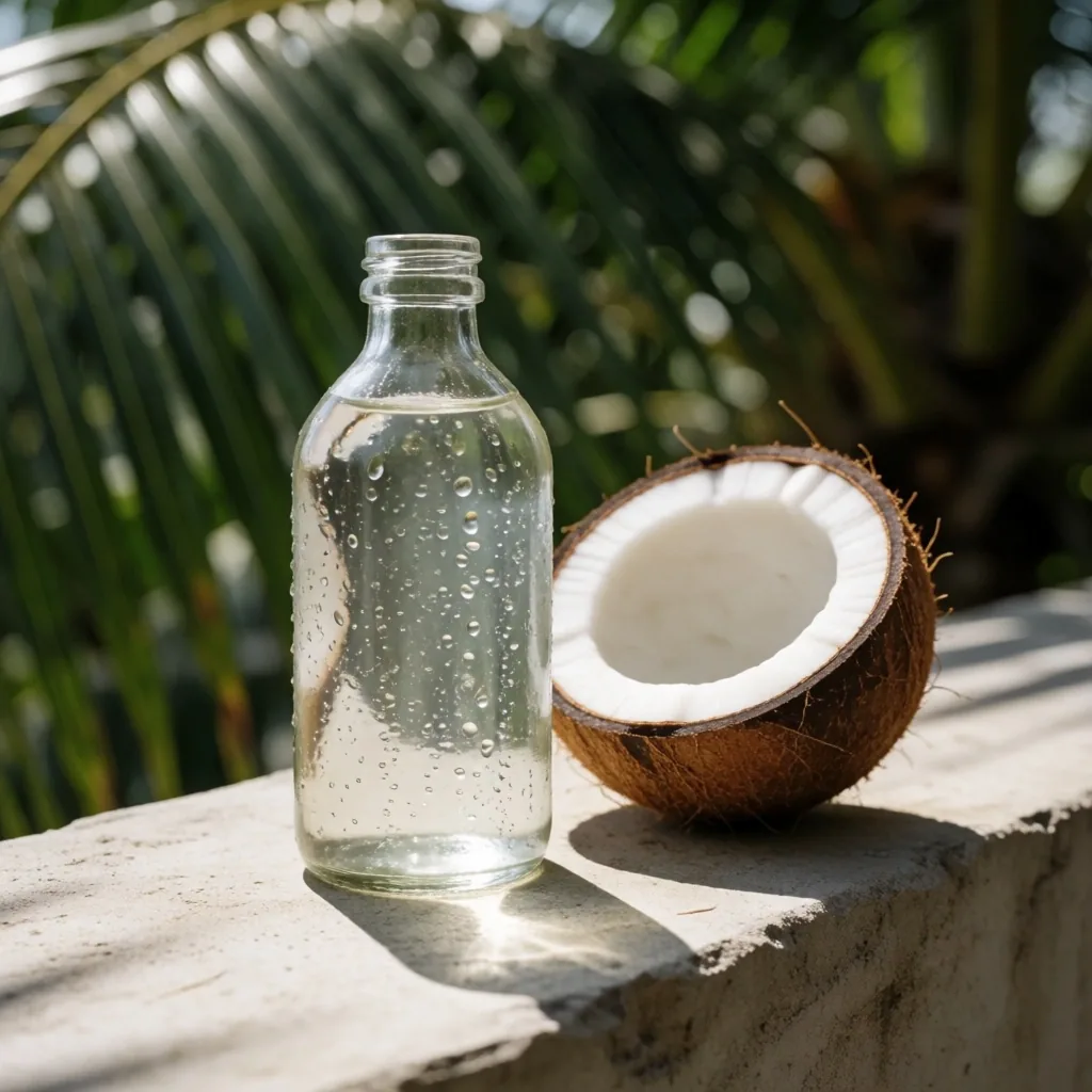 Glass water bottle and coconut on a concrete ledge